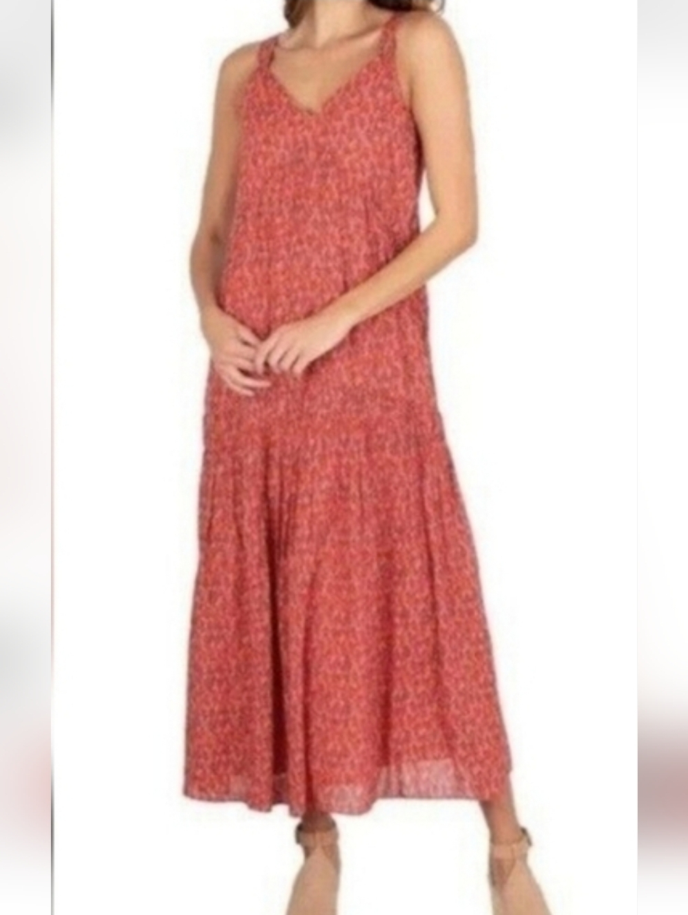 Joie Womens size L Maxi Dress Tiered Sleeveless 100% Cotton Lined Red Prairie